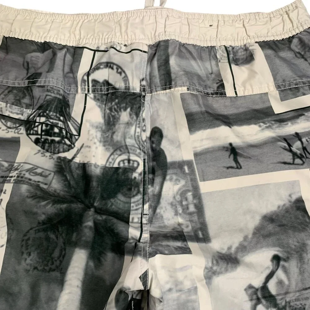 Vintage 90s US Apparel Board Shorts Swim Trunks M White Grey Drawstring Pockets